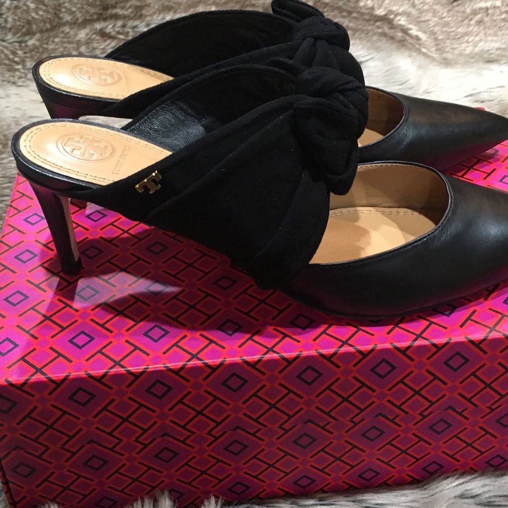 Tory Burch Black Leather & Suede Knot Mule Heels